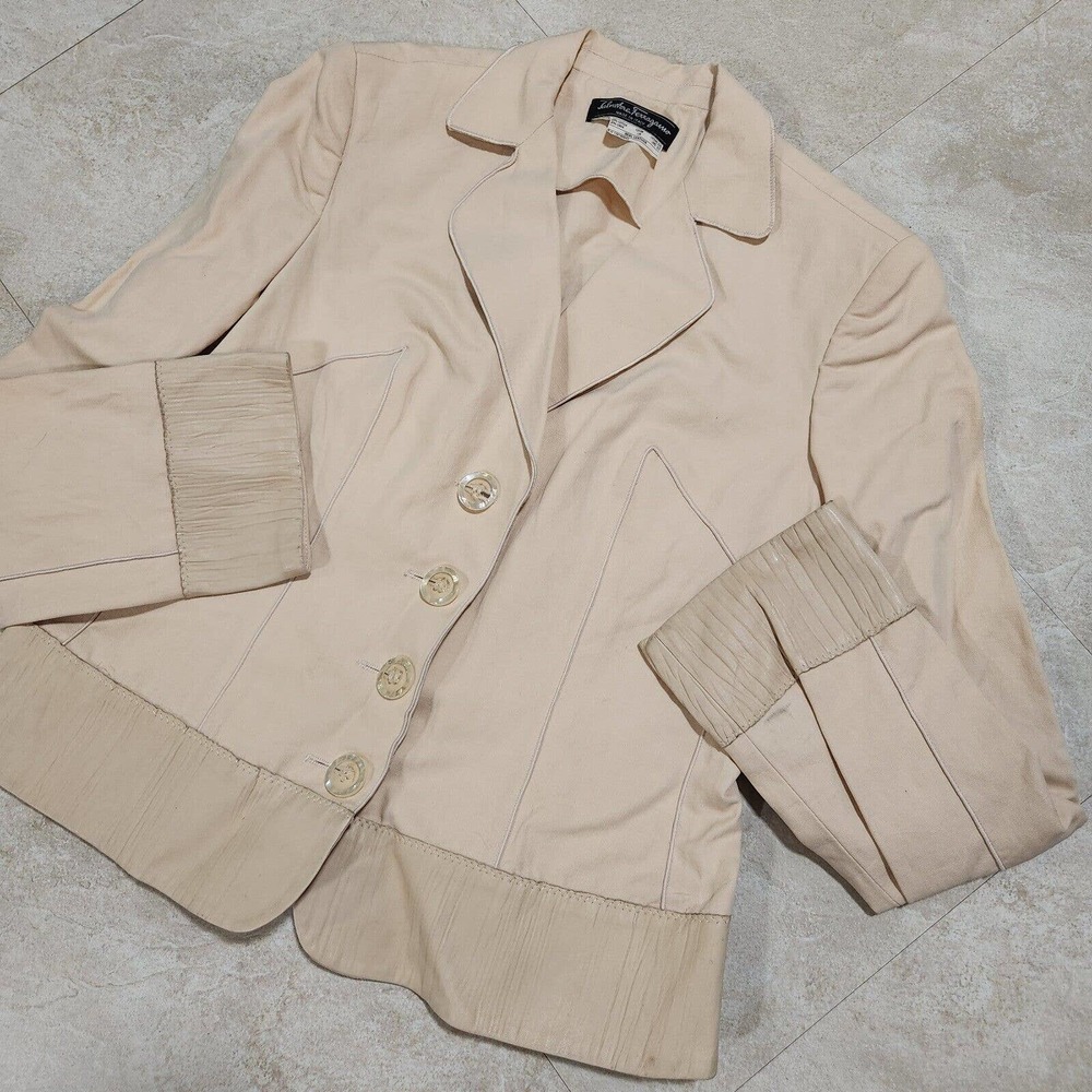 VTG‎ Salvatore Ferragamo Womens S Small? Cotton Linen Leather Button Up Jacket